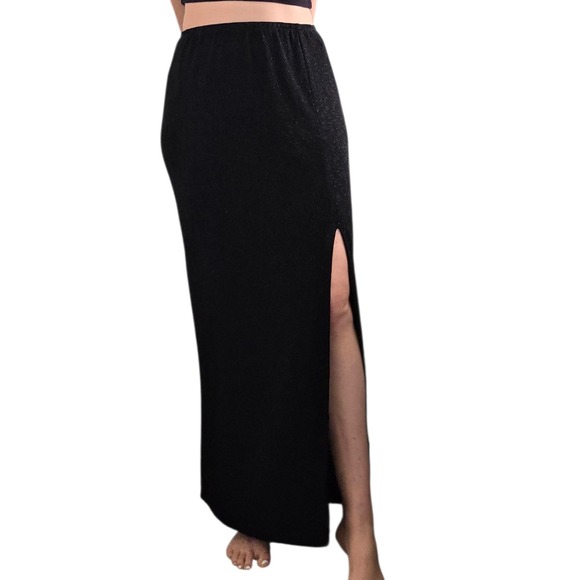 Black Sparkle Maxi Skirt Party Cocktail Evening Slit Career Elegant - Picture 2 of 4